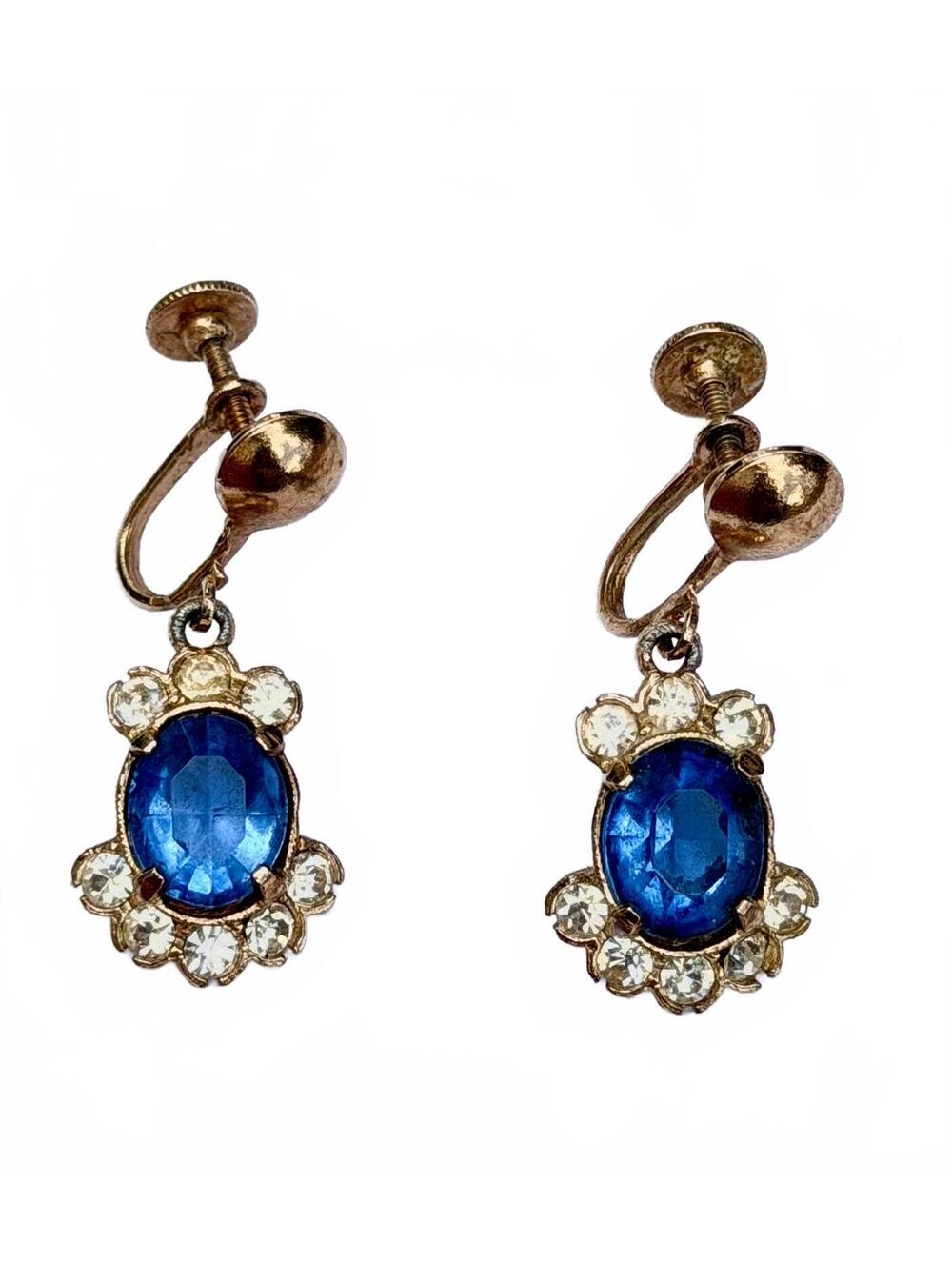 Vintage Blue and Clear Glass Rhinestone Screw Back Earrings